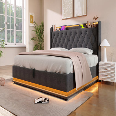 Full Size Linen-Upholstered Bed, 360 Surround LED Function, Buttons/App/Remote Control, Hydraulic Storage Bed With USB Charging Port Type-C Charging