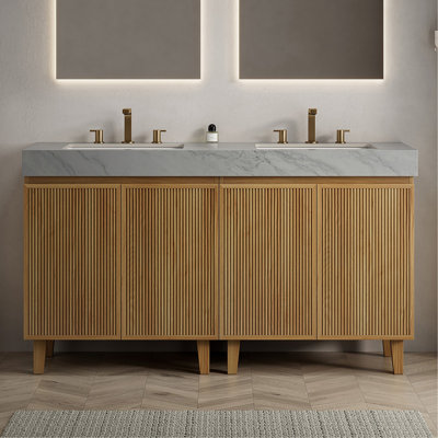 Meuble-lavabo de salle de bain 152 cm (60 po), meuble autoportant, comptoir en pierre frittée couleur crème veinée or et lavabos en céramique avec 3 trous prépercés pour robinetterie, démonté, robinetterie et bonde non inclus, couleur grain de bois naturel