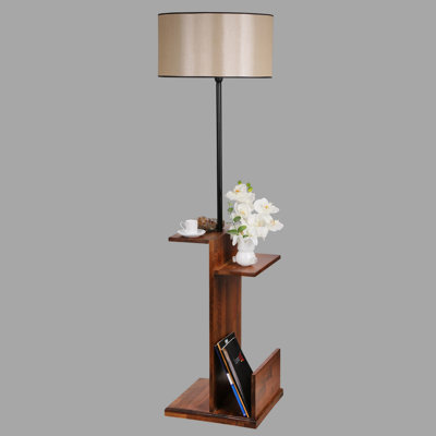Lampe sur pied scandinave avec structure en métal et tablettes en bois, hauteur de 67,0 po | Finition noire élégante, diamètre du capuchon de 17,3 po, longueur du capuchon de 15,4 po | Interrupteur marche / arrêt sur câble, douille E27 de 40 W maximum | Éclairage élégant pour les maisons modernes