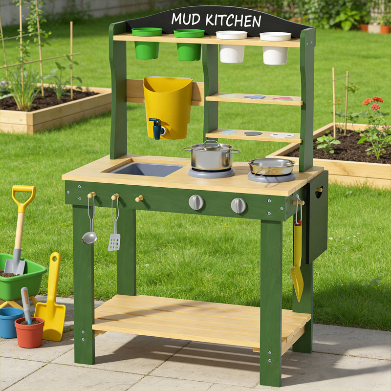 Kids Wooden Mud Kitchen Outdoor, Play Kitchen With Water Tank, Sink & Faucet, Toy Cookware Set, Plant Pots & Food Molds, Backyard Sensory Playset For Toddlers & Kids
