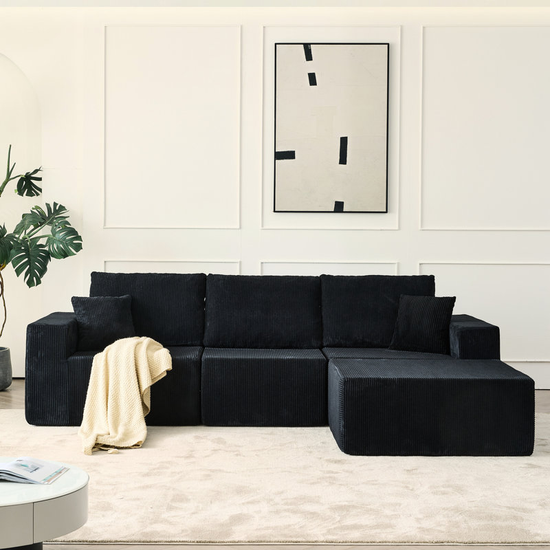 110" 3 Seater Boneless Couch, Corduroy Modular Sectional With & 2 Pillows, L Shape, No Installation, Suitable For Multi - Purpose Rooms Tropical Style Homes