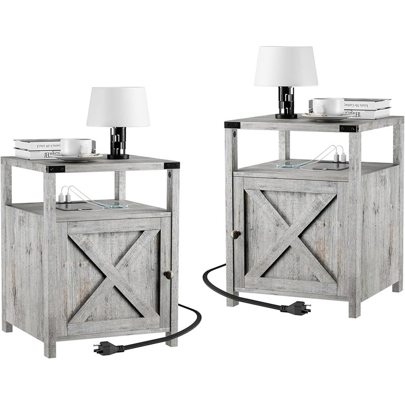 Farmhouse Nightstand Set Of 2, Rustic End Table With Storage, Bedroom Night Stand, Industrial Bedside Table With USB Ports And Outlets, 17.7 X 17.7 X 23.6 Inches, Grey