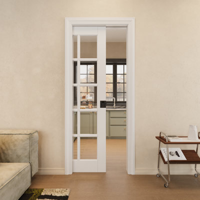 Porte de poche en verre transparent de 28 po x 80 po avec serrure argentée, dalle de porte en verre de sécurité trempé transparent, pouvant être peinte et imperméable, combinaison pour garde-robe, portes de garde-manger, portes de chambre à coucher