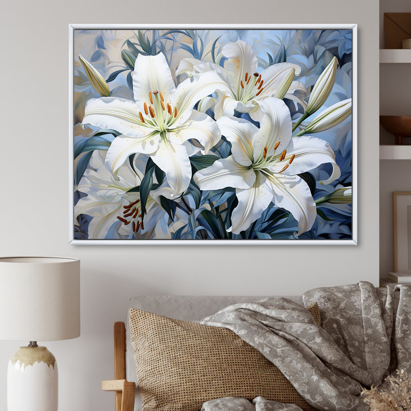 «Lilies Blossoms In Bloom VI», reproduction sur toile, Cadre flottant blanc, H 30 po x l 40 po x P 1,5 po