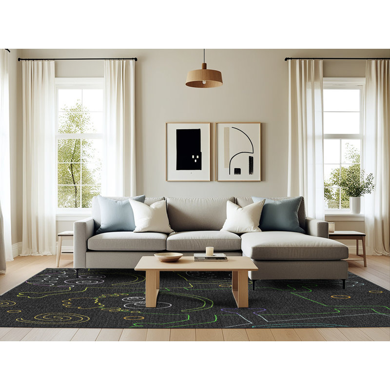 Tapis noir / vert / jaune Lyla, Rectangle 6 pi x 9 pi