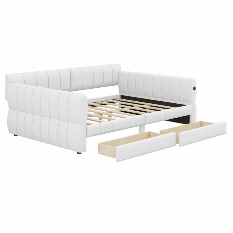 Lit plateforme tapissier avec port USB, 2 tiroirs, tête de lit et accoudoirs, Blanc