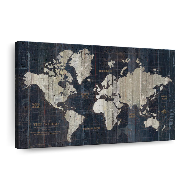 Carte du vieux monde avec reproduction sur toile bleue, H 8 po x l 12 po x P 1 po