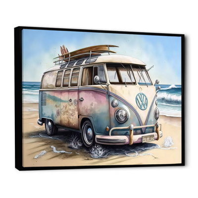 70S Surfing Van at the Beach I - Painting on Canvas
