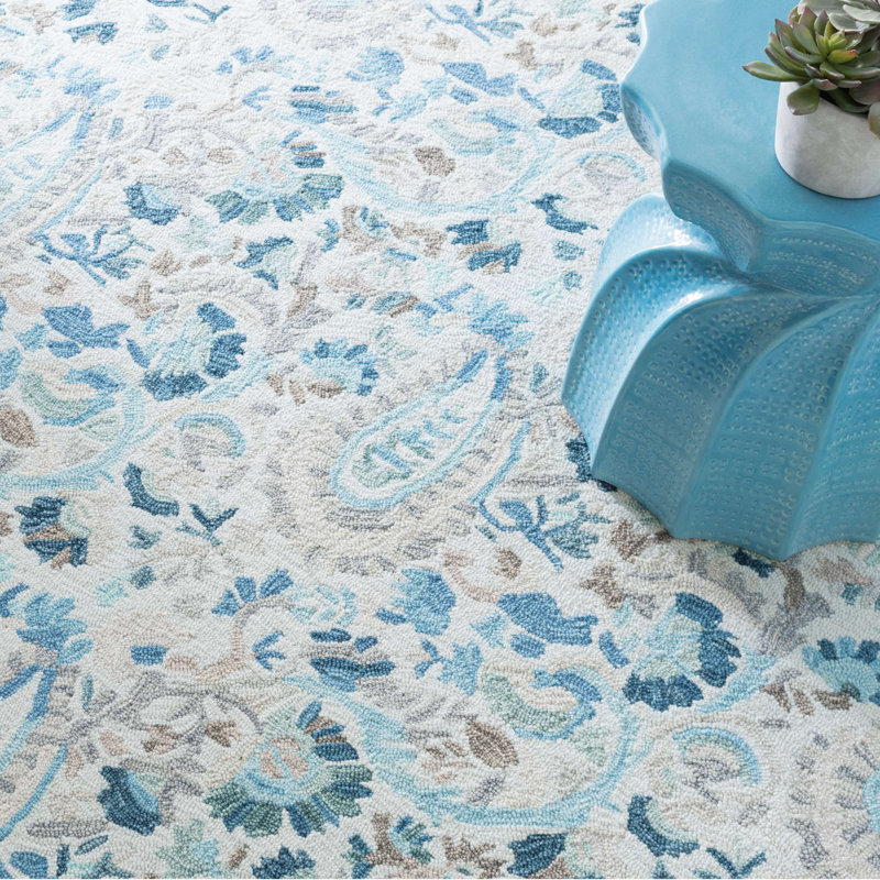 Ines Blue Hand Micro Hooked Wool Rug, Rectangle 6' x 9'