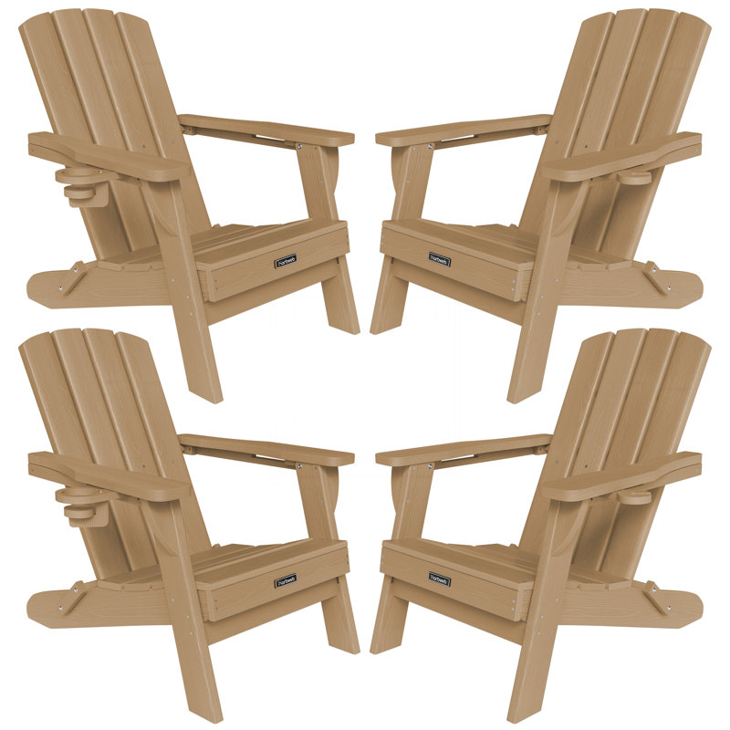 Set of 4 HDPE Outdoor Adirondack Chair Wood Texture Folding Firepit Chair  With  Cup Holder, Teak
