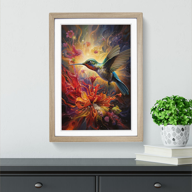 Hummingbird Surrealism - Single Picture Frame Print on Wood, Oak, 46cm H x 34cm W x 2cm D