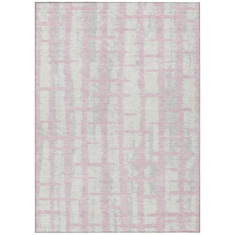 3' X 5' Pink Gray And Ivory Striped Washable Indoor Outdoor Area Rug