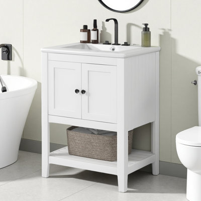24 " W Freestanding Standard Free Standing Single Double Single Vanity Bathroom Vanity With Ceramic Top