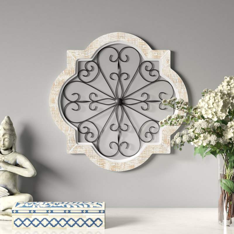White Wooden Scroll Home Wall Decor with Metal Scroll Work, 22" x 1" x 22"