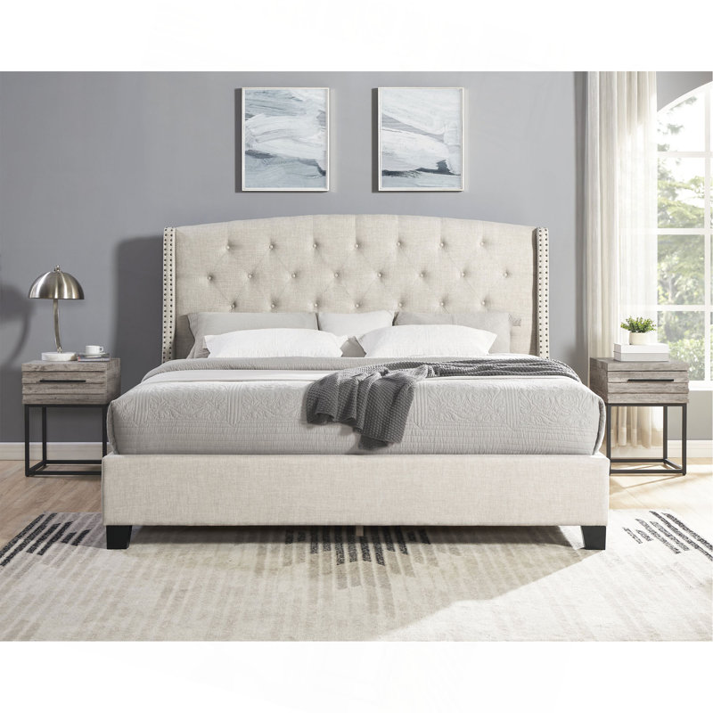 Ensemble de chambre rembourrée 3 pièces Astral, lit à oreilles capitonné avec deux tables de chevet, Gris