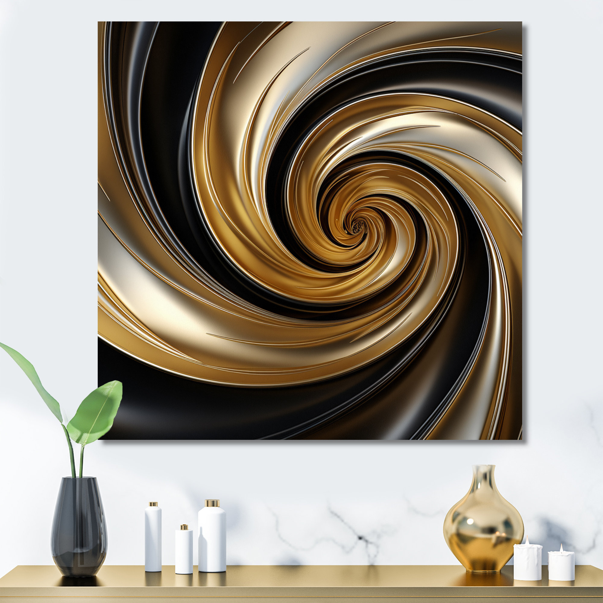 Mercer41 Abstract Liquid Gold and Black Spiral Swirl - Print on Canvas ...