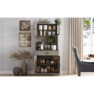 Spacieux système de rangement pour garde-manger - Buffet autoportant de 71 po de hauteur avec support pour micro-ondes, tablettes réglables, portes en verre, tiroir - salle à manger, rangement pour l'entrée - gris pastoral
