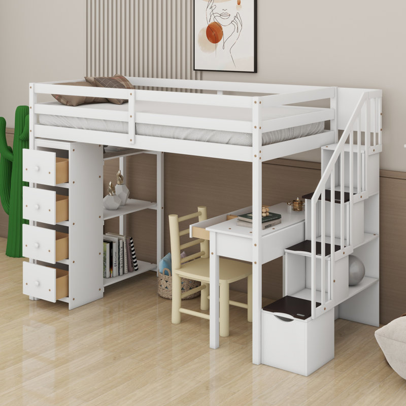 Loft Bed With Storage Drawers ,Desk And Stairs, Wooden Loft Bed With Shelves, White