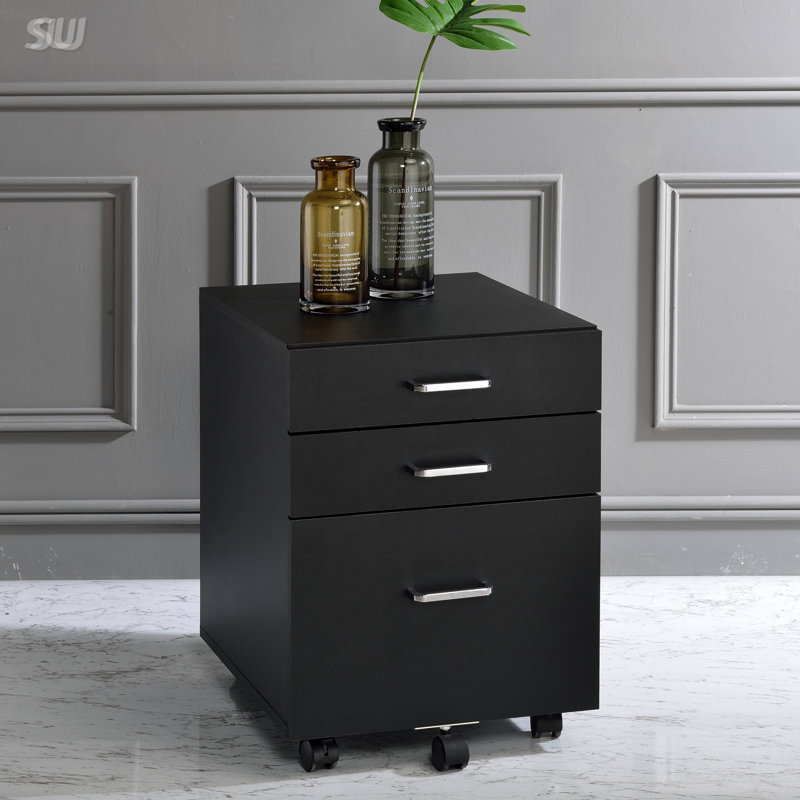 Élégant classeur à 3 tiroirs en chrome avec roulettes pour un décor de bureau et de maison moderne, un rangement spacieux et une mobilité facile.