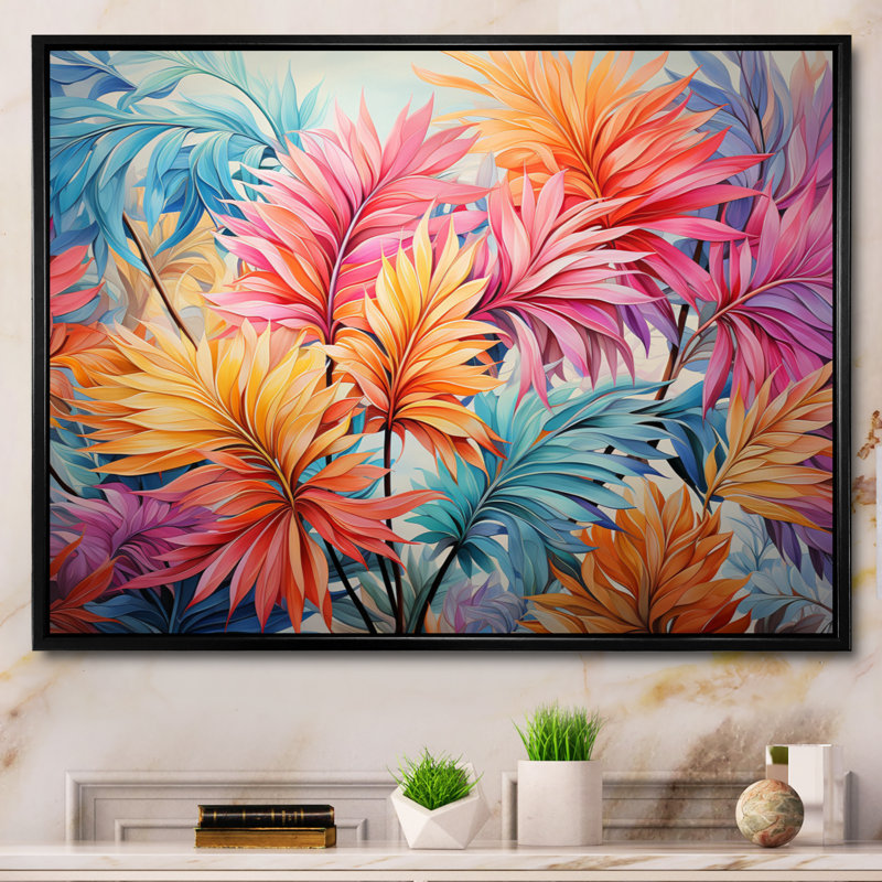 Collage coloré de palmiers colorés sur toile, H 34 po x l 44 po x P 1,5 po, Cadre flottant noir