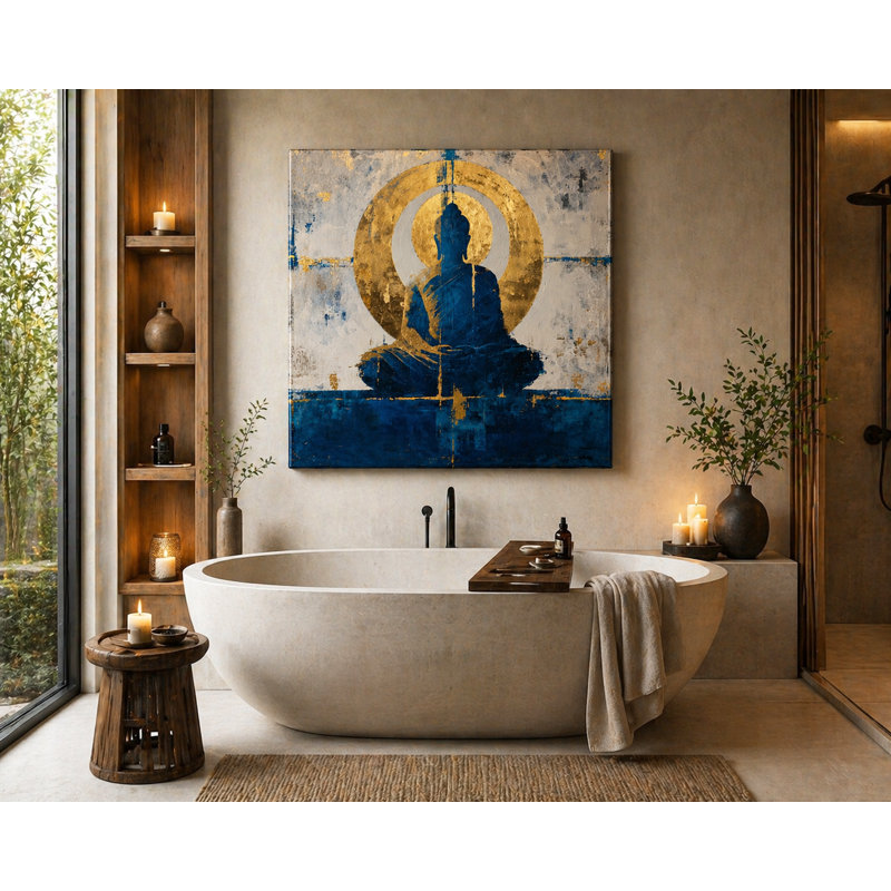 Art mural méditation en équilibre Bouddha - Toile zen bleue et dorée, L 40 po x H 40 po x P 1,5 po