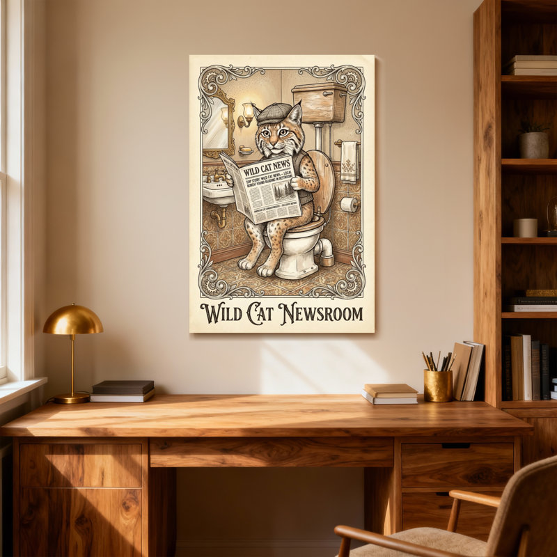 Bath & Laundry, un chat sauvage lisant un journal dans la salle de bain, H 18 po x l 12 po