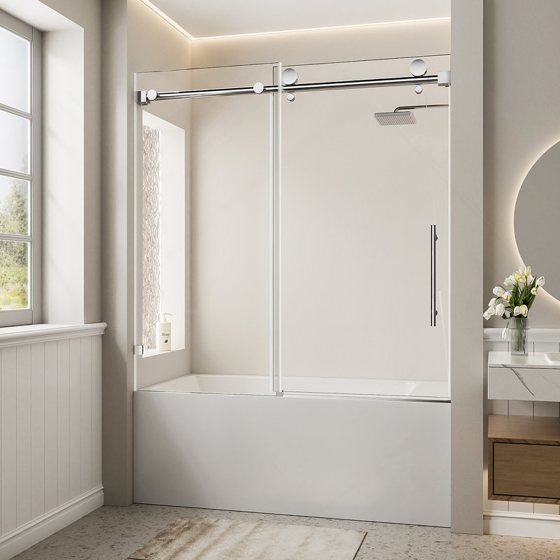 Porte de douche coulissante simple sans cadre, porte de baignoire avec poignée en acier inoxydable