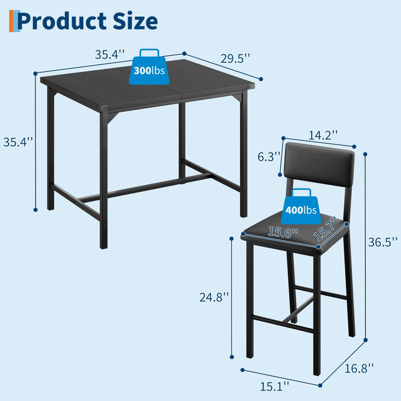 Dining Table Set, Counter Height Table With 4 Upholstered Bar Stools, Black, Black