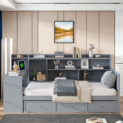 Wooden Daybed With 3 Drawers, Usb Ports And Desk