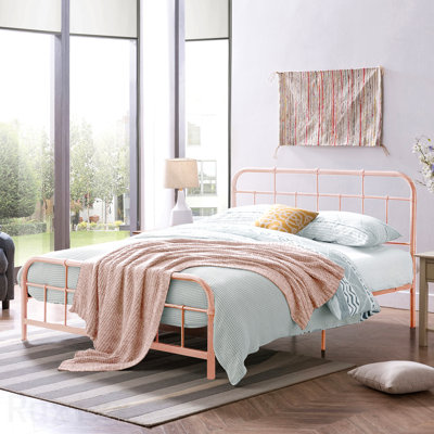 Queen Size Metal Bed with Rounded Corner Headboard and Footboard, Pink