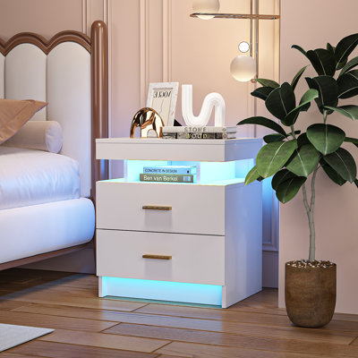 Table de chevet à DEL avec capteur de mouvement, table de chevet moderne avec éclairage à DEL à intensité variable 3 couleurs, mobilier de chambre à 2 tiroirs blanc ultrabrillant, table d'appoint compacte pour petits espaces