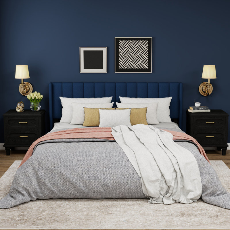 Upholstered Wingback Platform Bed, Blue, King