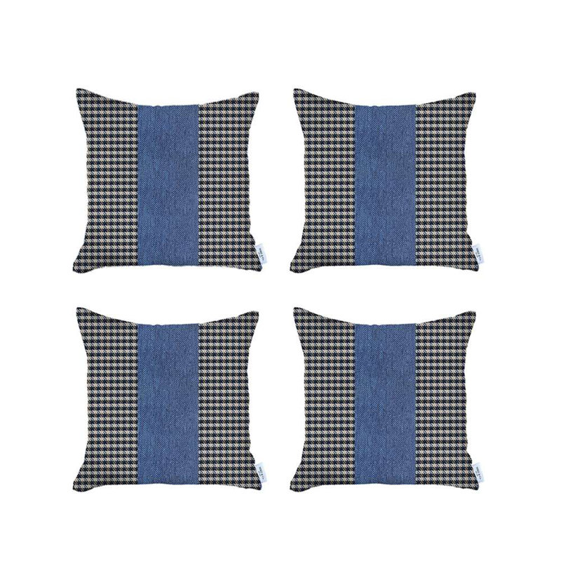 Blue Houndstooth Jacquard Linen-Look Pillow Covers, Set of 4, 18" x 18"