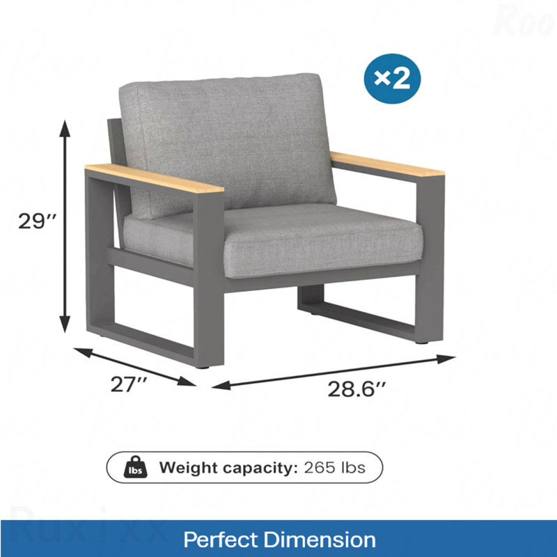Set Of 2 26.6" All-Weather Aluminum Patio Armchairs With Thick Gray Cushions, Gray