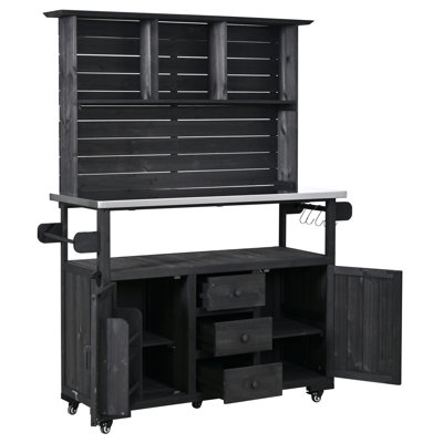 65'' Rustic Potting Bench With Stainless Steel Top And Lockable Wheels