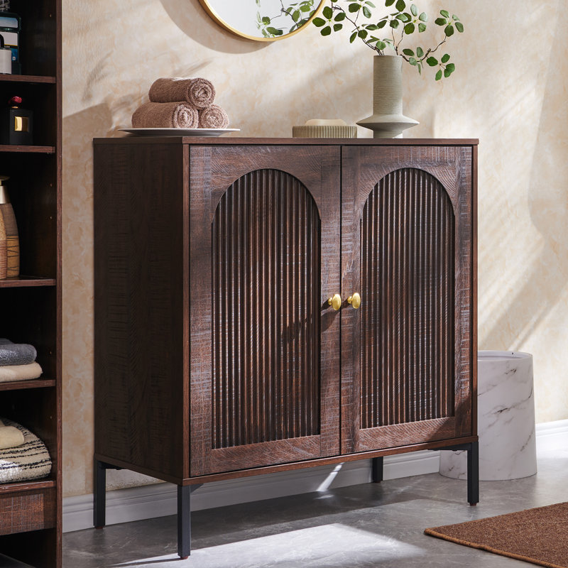 Modern Bathroom Cabinet with Storage, 34" Tall Fluted Arched Wooden Bathroom Storage Cabinet w/Adjustable Shelves, Brown, 1