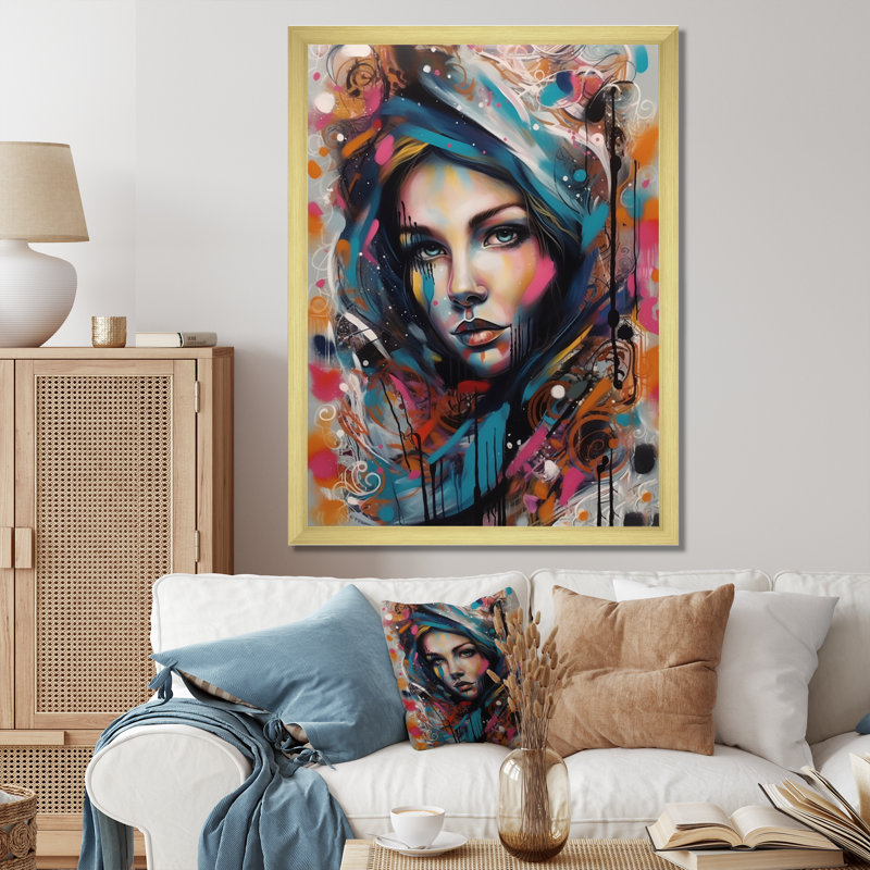 Portrait de femme pop art I - impression, Encadrement doré, H 32 po x l 16 po x P 1 po