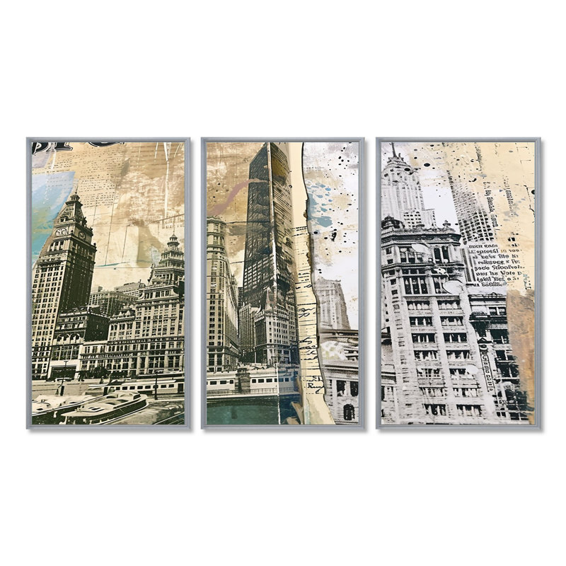 Marblehead - ensemble de reproductions d'art mural Chicago, H 28 po x l 36 po x P 1 po, Encadrement argenté