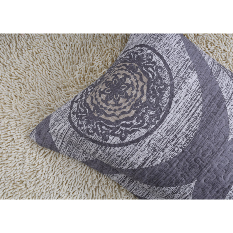 Bungalow Rose Charcoal Gray Medallion Quilted Bedspread Set - Modern Floral Mosaic Design, Twin Quilt + 1 Standard Sham