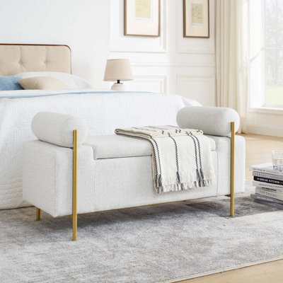 Élégant banc de rangement rembourré avec accoudoirs cylindriques et pieds en fer pour le couloir, le salon, la chambre à coucher