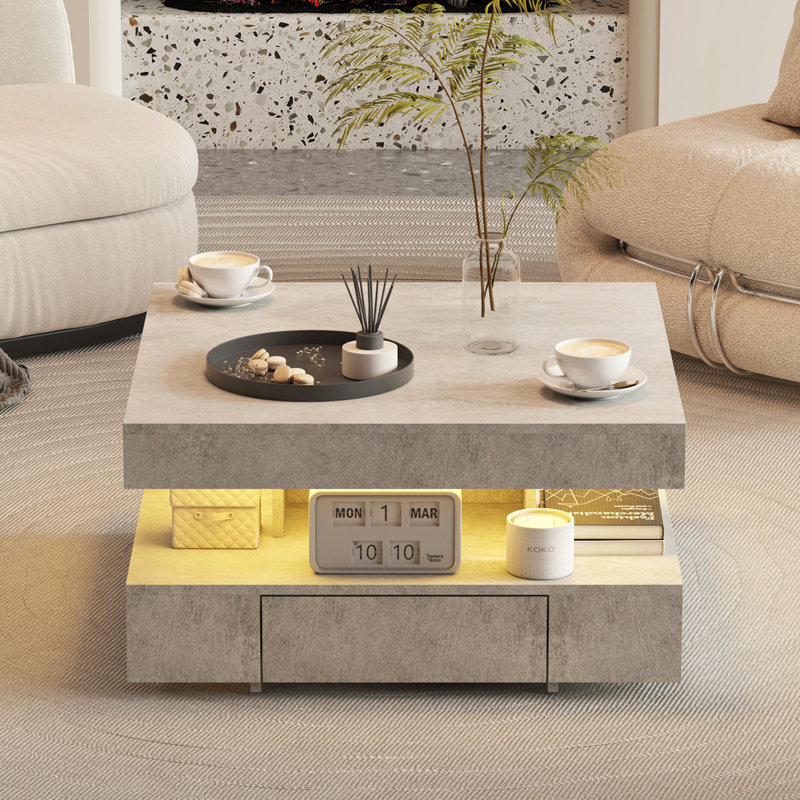 Modern Coffee Table with Storage – Unique Square Design for Living Room & 20-Colour RGB LED Light Strip, Grey