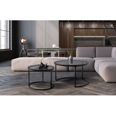 Alayn Nest of 2 Frame Black Coffee Tables with Glass Top