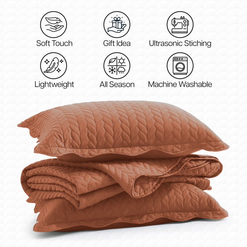 Chevron Embossed Oversized Bedspread Set with Matching Shams, Lightweight Hotel-Quality Coverlet, Rust