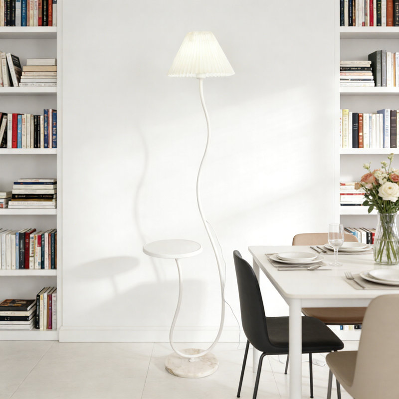 Modern Pleated Cream Floor Lamp With Table Top And Dimmable Bulb