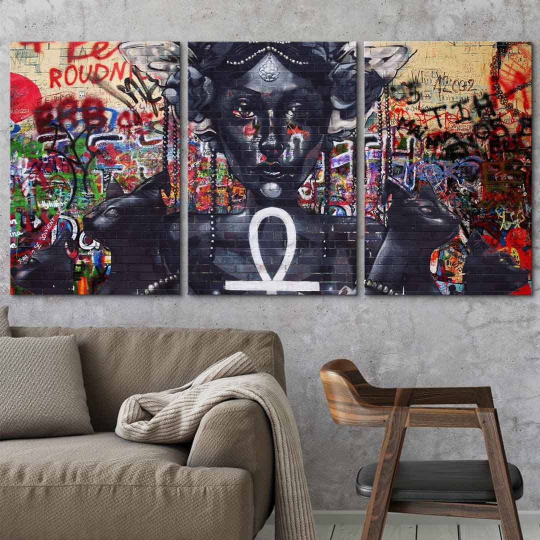 Spray Paint Woman Egyptian Ankh Graffiti & Street Art Colorful Modern Art Urban Portrait 3 Pieces IDEA4WALL