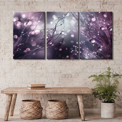 Mauve mauve goutte de rosée Bokeh douce nature tendue sur toile prête à accrocher, décoration murale moderne pour chambre à coucher 3 pièces