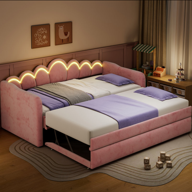 Twin XL Upholstered Daybed with Pop-Up Trundle & LED Light, Trundle Flat or Raised, Pink, Pink