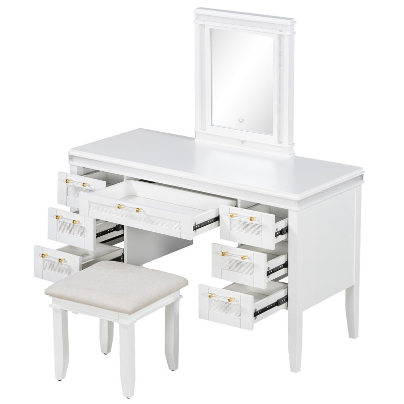 Meuble-lavabo 48 po avec miroir et lumières, coiffeuse de maquillage avec 7 tiroirs et tabouret rembourré, coiffeuse à finition beige classique avec tiroir à design creux