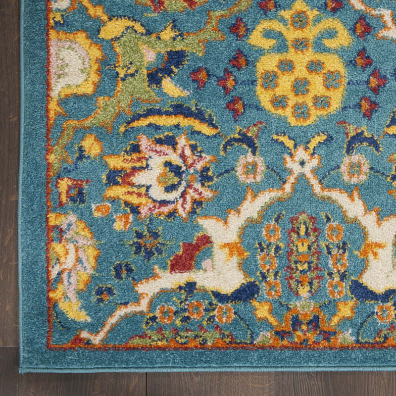Tapis turquoise / ivoire / jaune Welaka, Rectangle 5 pi 3 po x 7 pi 3 po