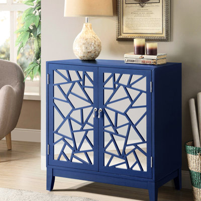 Console bleue à 2 portes - Portes à motif géométrique en miroir pour un grand espace de rangement en bois et en verre